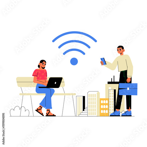 Outdoor Wifi Connection With Woman Working On Laptop And Man Holding Smartphone Flat Vector Illustration Symbolizing Technology, Communication, And Connectivity, Isolated On White Background