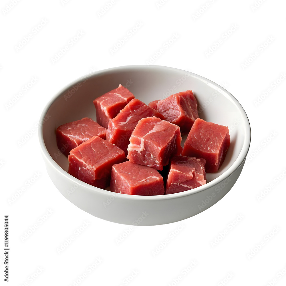 Bowl of raw meat cubes in bowl Bowl of raw meat cubes in bowl