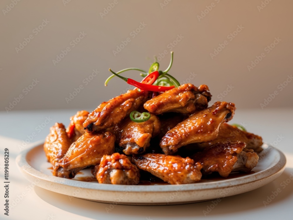 Spicy Glazed Chicken Wings with Fresh Chili on Plate Spicy Glazed Chicken Wings with Fresh Chili on Plate