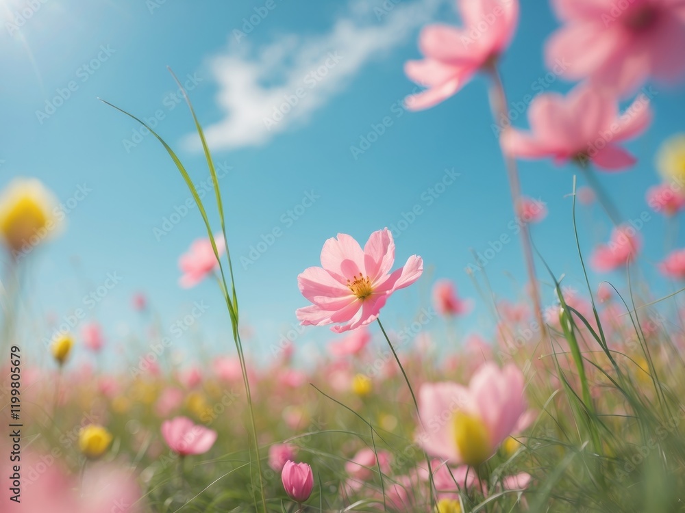 Pink Flower Meadow Spring Sky Sunny Day Nature Blossom. Pink Flower Meadow Spring Sky Sunny Day Nature Blossom.