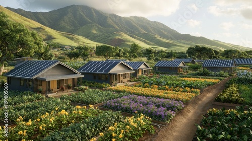 Sustainable Farming Community Surrounded by Lush Green Mountains