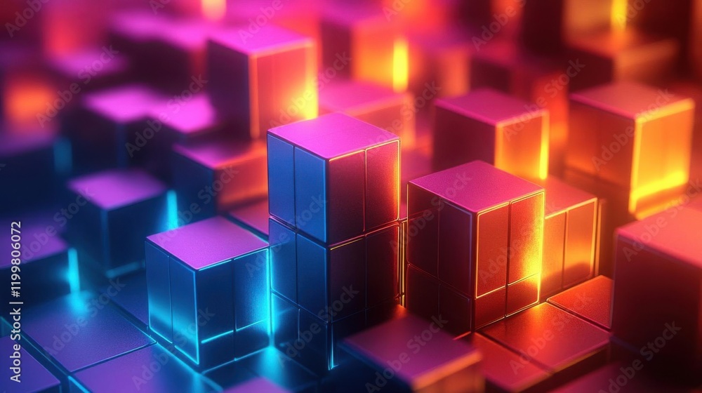 A vibrant arrangement of glowing cubes in shades of blue, pink, and orange, creating a mesmerizing, futuristic digital landscape. A vibrant arrangement of glowing cubes in shades of blue, pink, and orange, creating a mesmerizing, futuristic digital landscape.