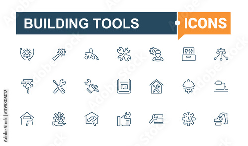 Building Tools icons set. Related to helmet, carpenter, hammer, home, construction, industry, hand, saw. Simple icon designs. Vector illustration in modern line style.
