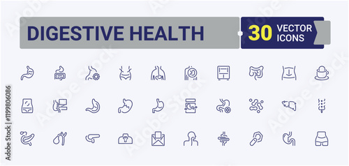 Digestive Health icons set. It contains symbols to anatomy, pain, hormone, digestion, diarrhea, nausea, bacteria, human. Outline icon. Editable stroke.