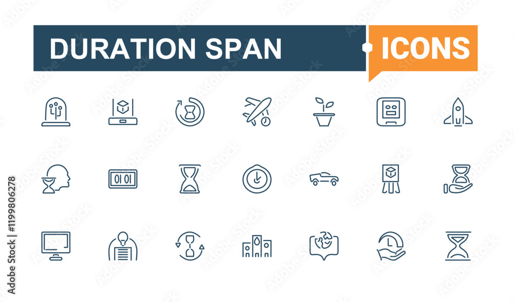 Duration Span linear icon collection. Includes thin line hour, calendar, hourglass, web, timer, time, length and more. Symbol. Vector icons editable stroke. Duration Span linear icon collection. Includes thin line hour, calendar, hourglass, web, timer, time, length and more. Symbol. Vector icons editable stroke.