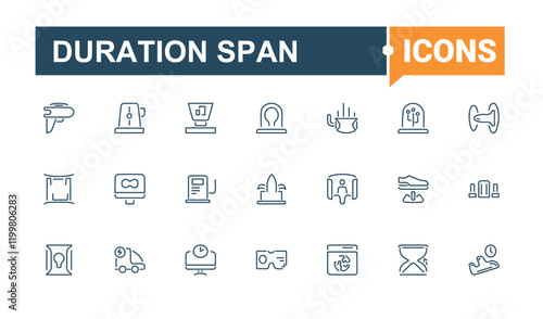 Duration Span linear icon collection. Includes thin line hour, calendar, hourglass, web, timer, time, length and more. Symbol. Vector icons editable stroke.
