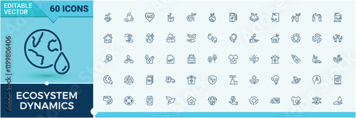 Ecosystem Dynamics Set of icons. Featuring organic, energy, tree, panel, art, industry, renewable, house. Symbol. Editable stroke. Vector illustration.