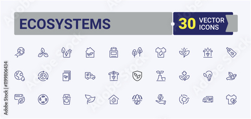 Ecosystems lined icons set. Featuring water, organic, technology, industry, warming, recycle and more. Collection for mobile and web apps. Editable stroke.