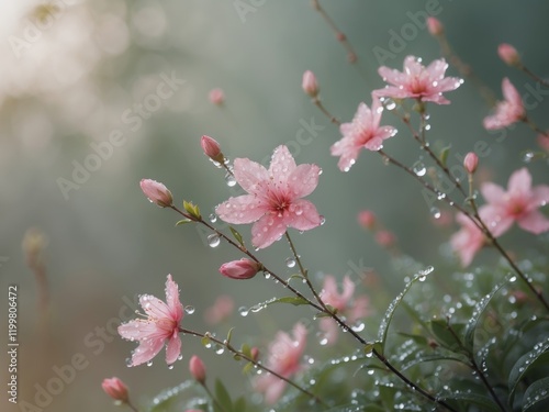 Delicate Pink Flowers Adorned with Dew Drops in a Natural Outdoor Setting photo