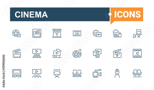 Cinema icons. Contains related to video, projector, movie, ticket, media, strip and more. Thin linear style icons. Vector illustration in modern line style.