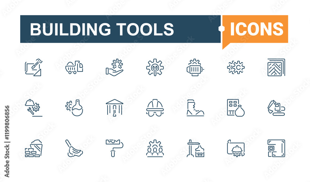 Building Tools icons set. Related to helmet, carpenter, hammer, home, construction, industry, hand, saw. Simple icon designs. Vector illustration in modern line style. Building Tools icons set. Related to helmet, carpenter, hammer, home, construction, industry, hand, saw. Simple icon designs. Vector illustration in modern line style.