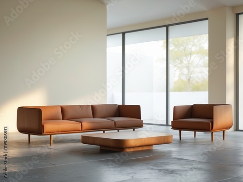 Modern Living Room with Wooden Sofa and Coffee Table in Bright Interior Design. photo