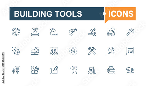 Building Tools icons set. Related to helmet, carpenter, hammer, home, construction, industry, hand, saw. Simple icon designs. Vector illustration in modern line style.
