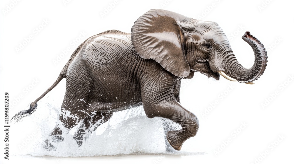 Fototapeta premium An elephant splashing water with its trunk, isolated on a clean white backdrop,
