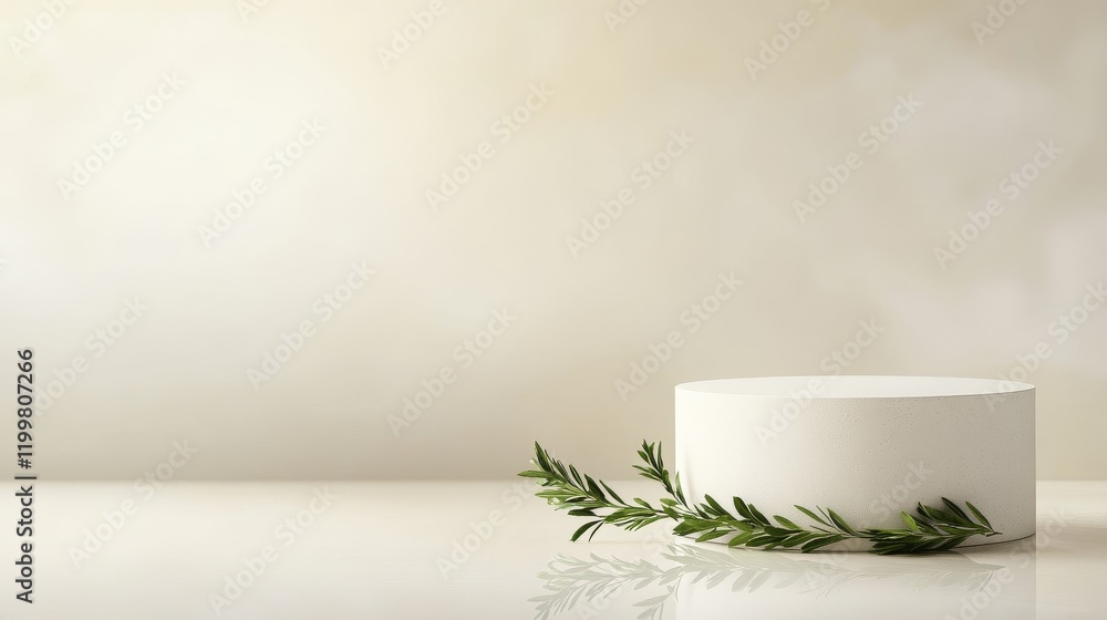 Simple round display stand with green leaves in minimalistic setting Simple round display stand with green leaves in minimalistic setting
