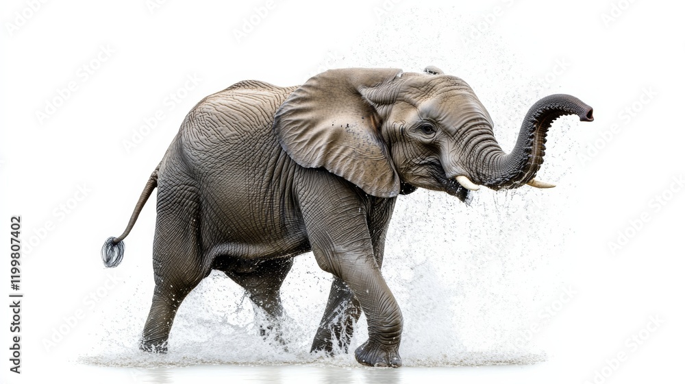 Fototapeta premium An elephant splashing water with its trunk, isolated on a clean white backdrop,