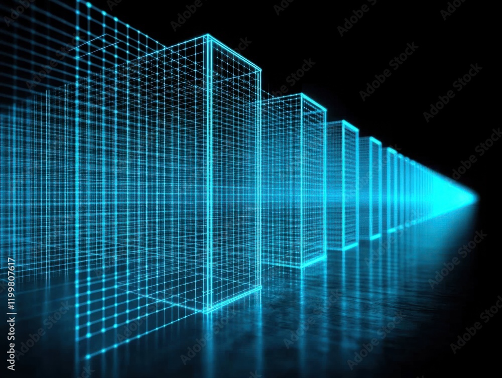 Futuristic Digital Landscape with Glowing Blue Wireframe Structures and a Dark Background Representing Data Visualization and Modern Technology Concepts Futuristic Digital Landscape with Glowing Blue Wireframe Structures and a Dark Background Representing Data Visualization and Modern Technology Concepts