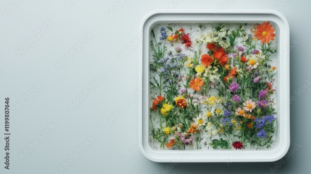 Colorful Flower Arrangement in White Square Frame on Soft Background Colorful Flower Arrangement in White Square Frame on Soft Background