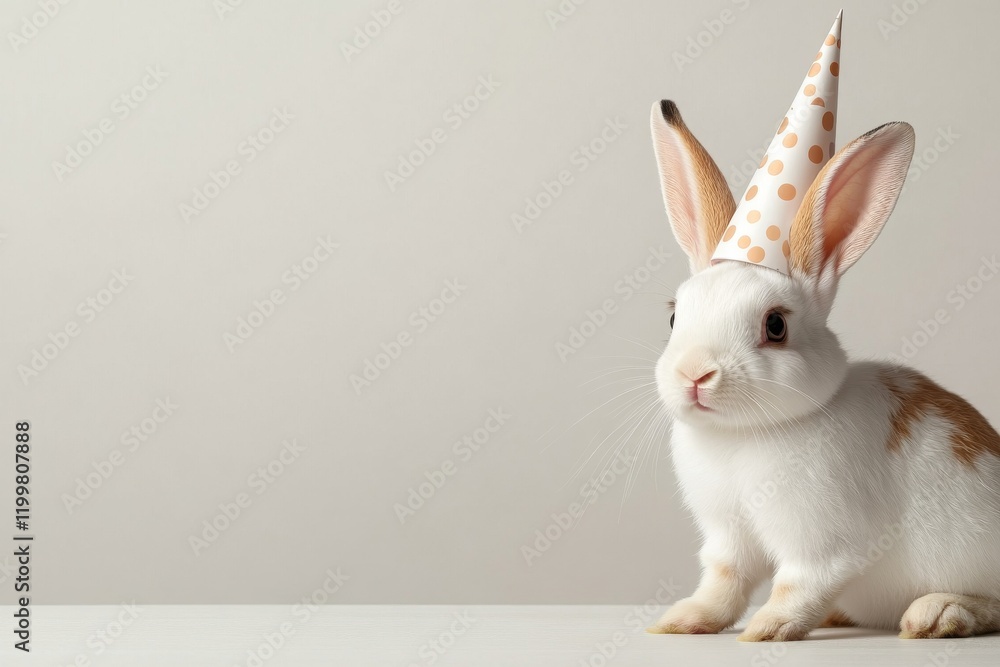 Fototapeta premium Cute rabbit wearing a party hat sits on a white surface against a neutral background, ready for celebration