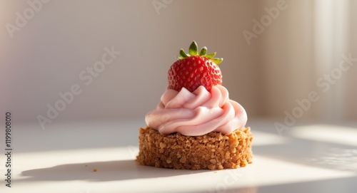 Delicious strawberry dessert featuring creamy frosting and a crunchy base during a sunny afternoon. photo