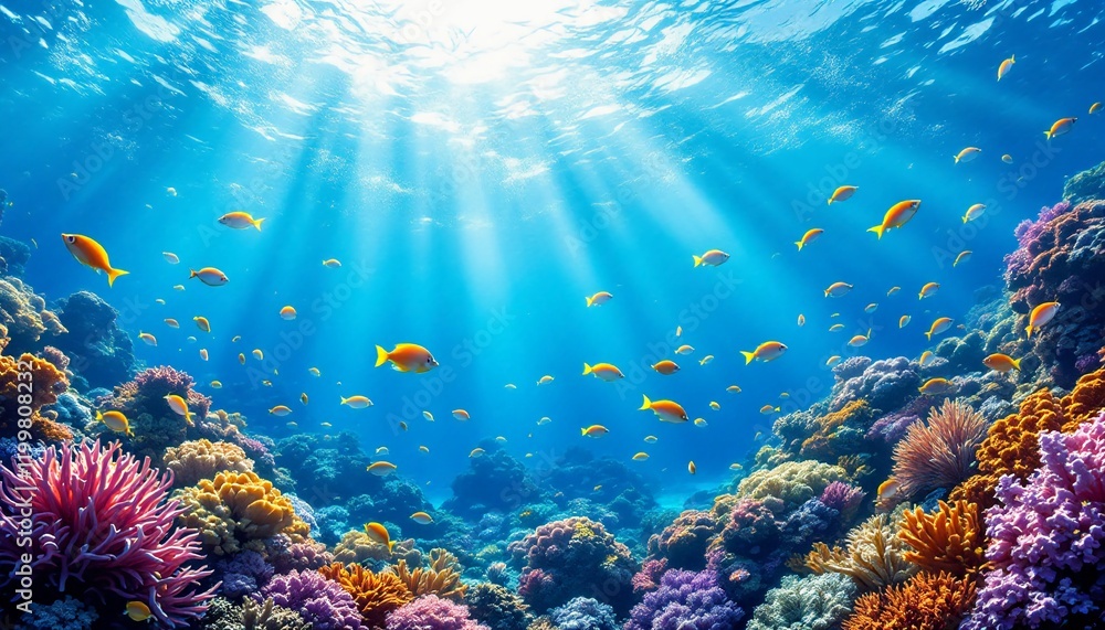 Fototapeta premium Underwater Scene with Vibrant Coral Reefs and Yellow Fish