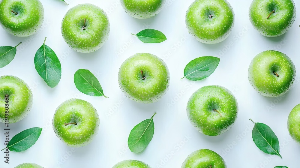 Fototapeta premium Isolated of apples with leaves attached scattered on a white surface for a natural fresh appearance Stock Photo with side copy space