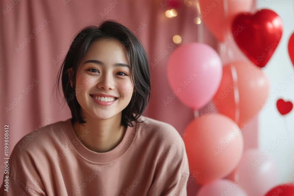Young woman smiling joyfully in front of a festive background decorated with pink balloons and hearts Young woman smiling joyfully in front of a festive background decorated with pink balloons and hearts