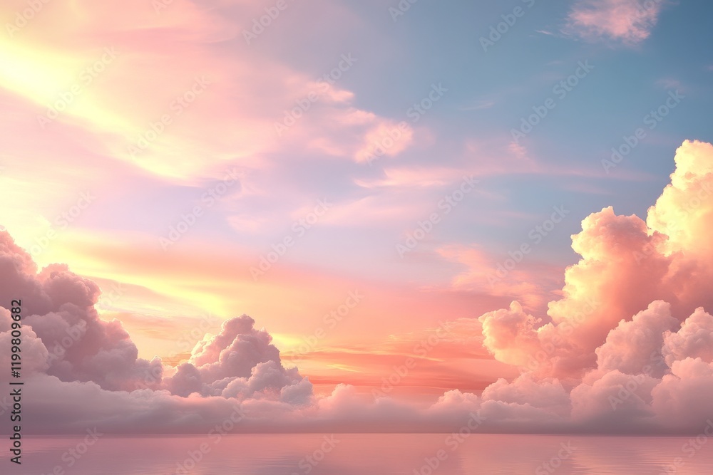 Stunning sunset sky with colorful clouds over a calm ocean reflects a serene evening atmosphere