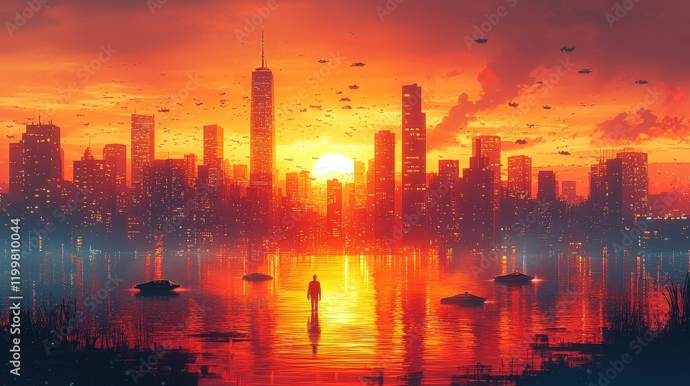 A lone figure stands before a futuristic city skyline at sunset reflected in the water. Flying vehicles soar above. Perfect for a sci-fi wallpaper or book cover. A lone figure stands before a futuristic city skyline at sunset reflected in the water. Flying vehicles soar above. Perfect for a sci-fi wallpaper or book cover.
