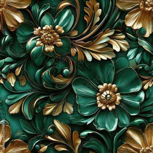 Wallpaper Mural A luxurious 3D floral tapestry design in shades of emerald green and gold . Seamless abstract 3d pattern background Torontodigital.ca