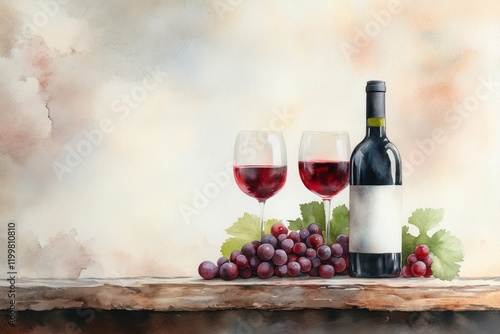 A dreamy watercolor depiction of a wine bottle and grapes, with rich red and green hues blending together on a rustic table photo