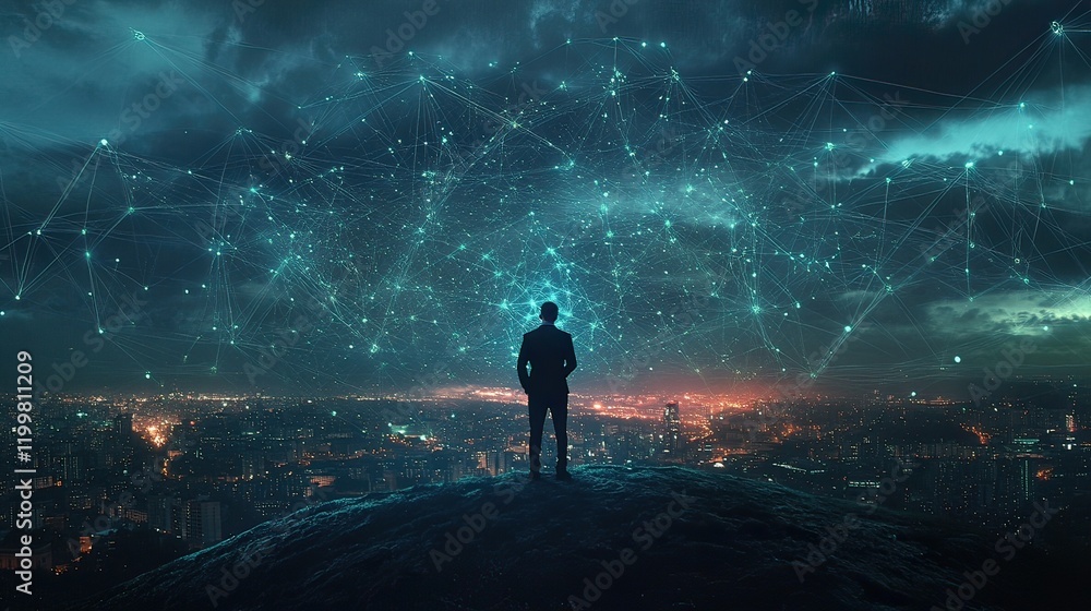 Man contemplates network, cityscape, stormy sky, future tech Man contemplates network, cityscape, stormy sky, future tech