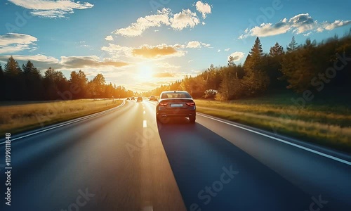 A car driving down a sunlit highway surrounded by trees and a scenic landscape.
