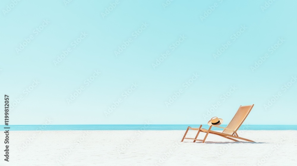Empty beach chair with hat on white sand, sea and blue sky, for leisure and travel ads Empty beach chair with hat on white sand, sea and blue sky, for leisure and travel ads