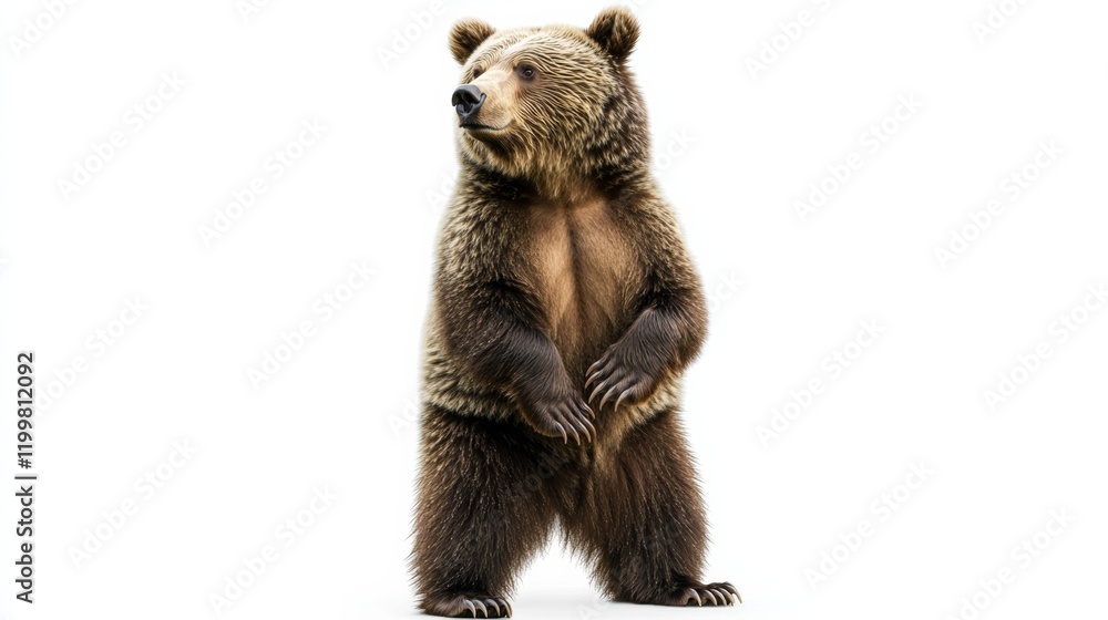 Fototapeta premium A powerful bear standing on its hind legs, its fur thick and detailed, isolated on a bright white background,