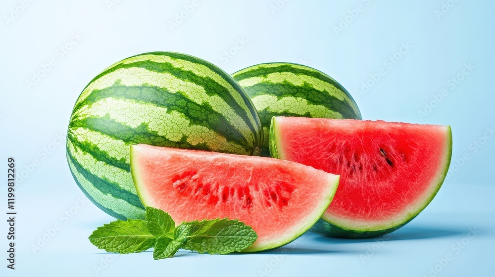 Juicy Watermelon Summer: Two whole watermelons and two slices, showcasing their vibrant red flesh and dark green rind, are arranged with fresh mint leaves against a light blue background. Juicy Watermelon Summer: Two whole watermelons and two slices, showcasing their vibrant red flesh and dark green rind, are arranged with fresh mint leaves against a light blue background.