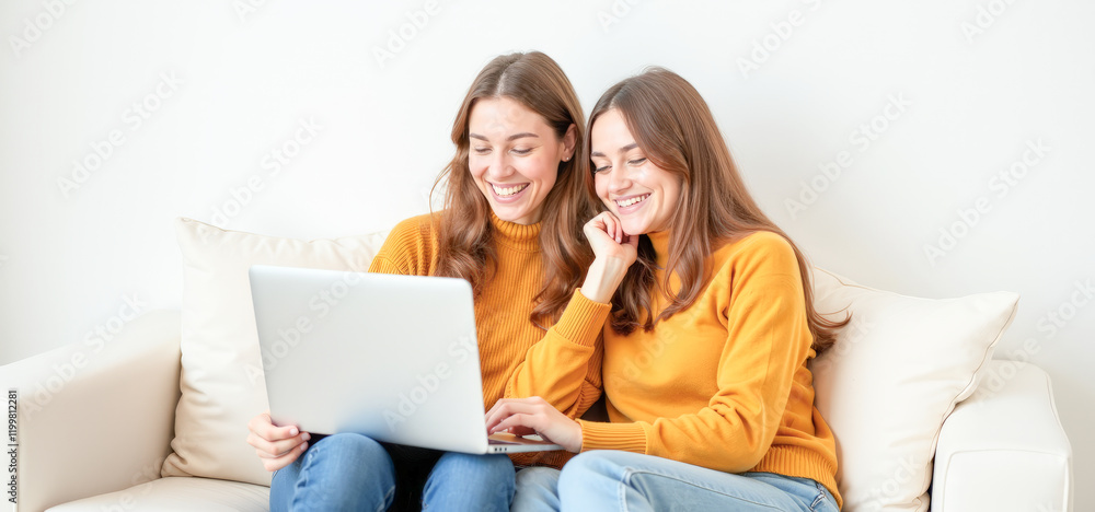 Happy female friends are sitting on the couch with a laptop Happy female friends are sitting on the couch with a laptop