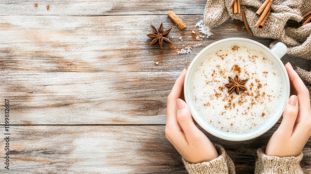 Cozy Winter Spice Latte: Overhead shot of hands holding a warm mug of spiced latte, adorned with star anise and cinnamon, on a rustic wooden table. The scene evokes feelings of warmth, comfort. Cozy Winter Spice Latte: Overhead shot of hands holding a warm mug of spiced latte, adorned with star anise and cinnamon, on a rustic wooden table. The scene evokes feelings of warmth, comfort.