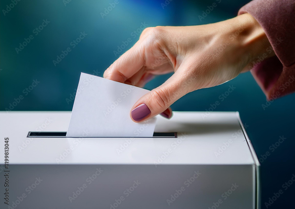 Woman with painted fingernails puts a ballot paper into a neutral ballot box Woman with painted fingernails puts a ballot paper into a neutral ballot box