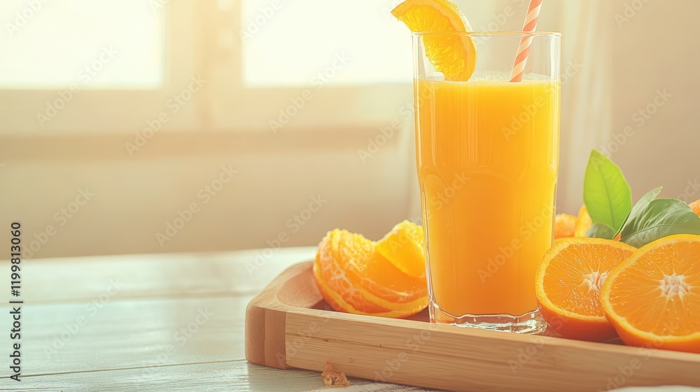 Naklejka premium Sun-Kissed Orange Juice: A tall glass of refreshing orange juice, garnished with a juicy orange slice and a red and white striped straw, sits on a rustic wooden tray.