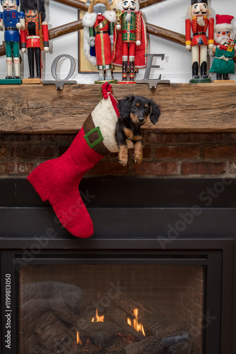Festive Holiday Scene: Adorable Puppy in Stocking Over the Fireplace