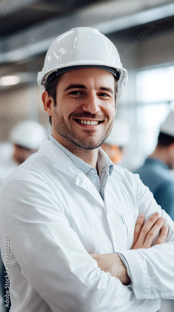 Portrait of a smiling engineer wearing a hardhat and lab coat, standing in a factory with his arms crossed Portrait of a smiling engineer wearing a hardhat and lab coat, standing in a factory with his arms crossed
