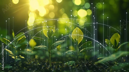 Harmony of nature and AI, young sprouting plants in fertile soil, surrounded by futuristic digital overlays