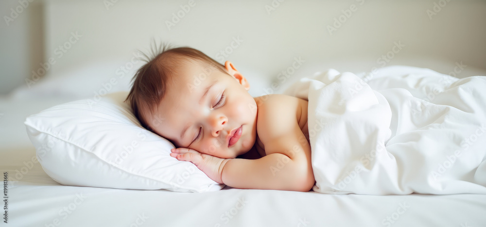 A baby sleeps on a white bed A baby sleeps on a white bed