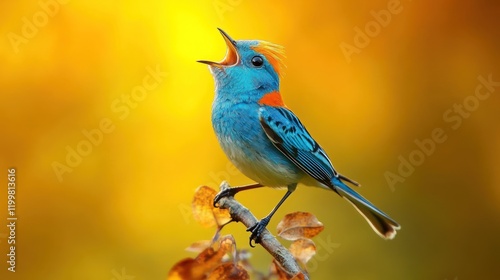 Singing blue bird perched on branch, sunset background, nature photography