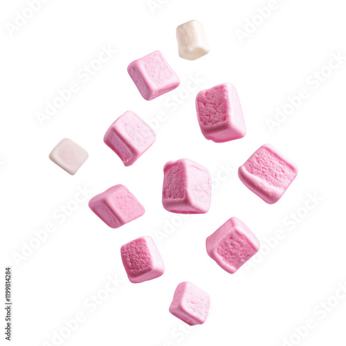 Pink marshmallow cubes falling floating mid air isolated on transparent background