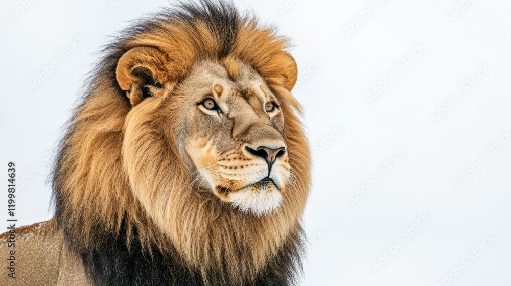 A regal lion with a full mane, gazing intently, isolated on a clean white backdrop, A regal lion with a full mane, gazing intently, isolated on a clean white backdrop,