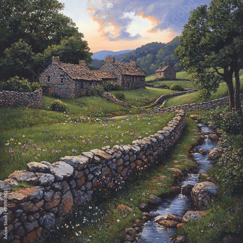 Picturesque Countryside Landscape with Stone Cottages and Stream at Sunset in Scenic Valley | Serene Rural Nature, Tranquil Stream, Lush Greenery, Rustic Charm photo