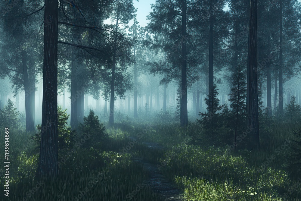 Obraz premium Misty pine forest enveloped in serene fog at sunrise, creating a peaceful and enchanting atmosphere for nature enthusiasts and landscape photography lovers