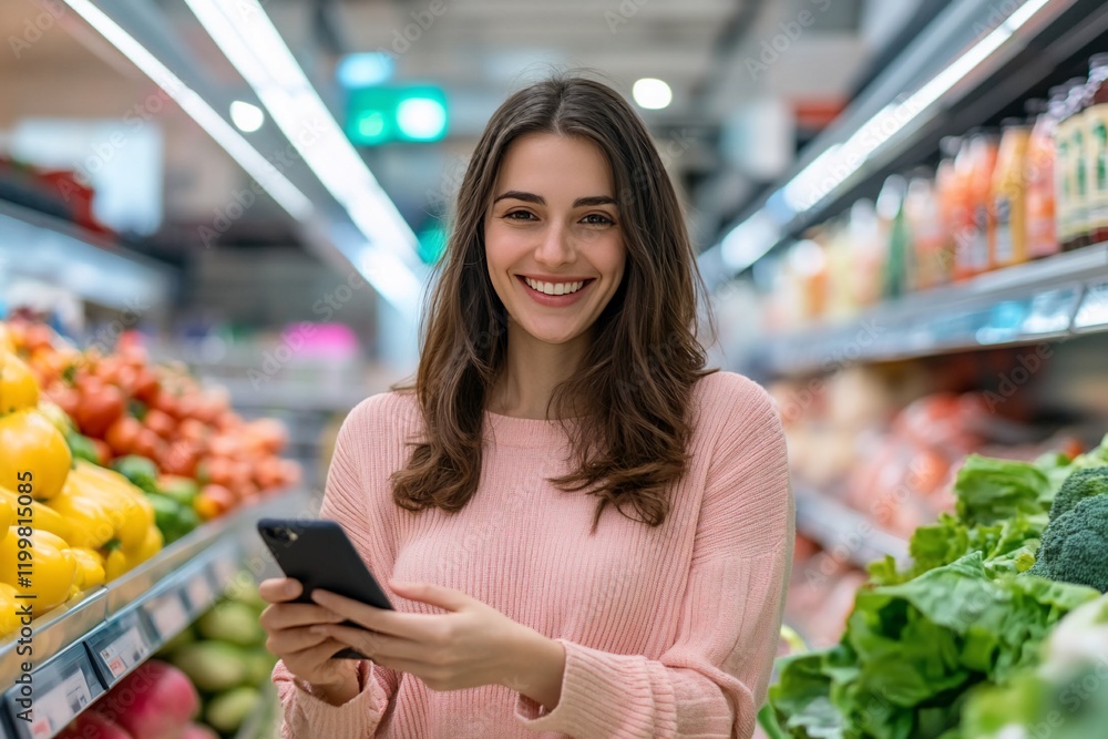 Happy woman using phone in supermarket aisle.